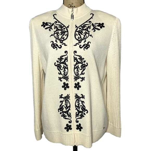 St. John Sport Ivory Black Embroidered Zip Up Wool Knit Jacket - Picture 1 of 10